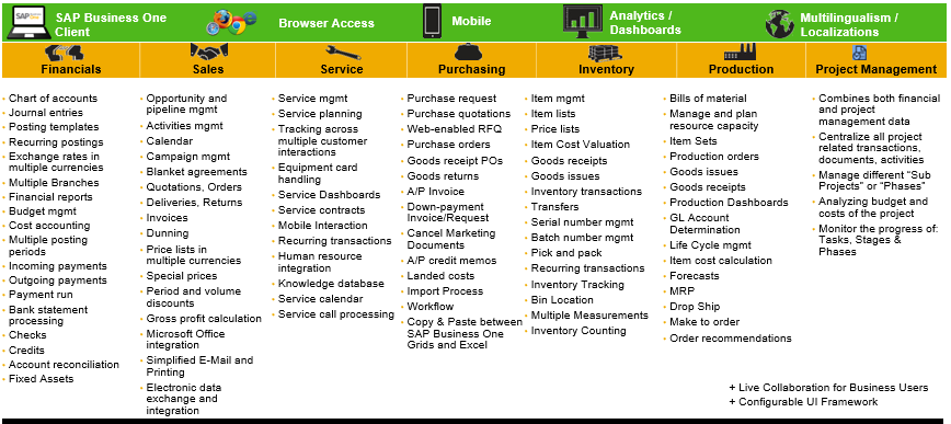 SAP Business One offers solution across the board from Opportunity to Order, Order to Cash, Procure to Pay, Issue to Complete, Concept to Launch to Sustain & Retain